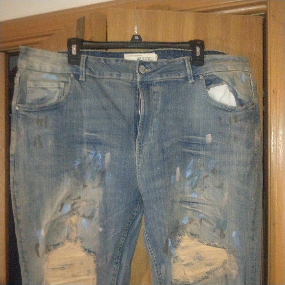 Refinery Republic Distressed Jeans - Pink And Blue Paint Splatter w/ Tan Accents - Picture 3 of 12